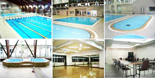 上段左から一般プール、小人用プール、幼児用プール、ワールプール、軽運動室、会議室