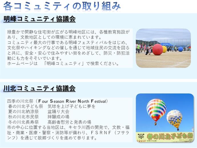 明峰コミュニティ、川北コミュニティの取り組み内容と写真