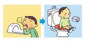 イラスト：水洗化前のトイレは嫌なにおいがするが、水洗化後は快適に使用できる
