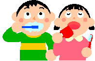 イラスト：コップと歯ブラシで歯磨きしている男の子と女の子
