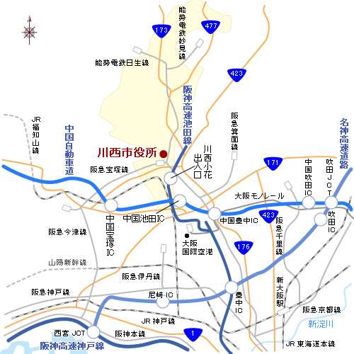 地図：川西市役所周辺の車でのルート案内