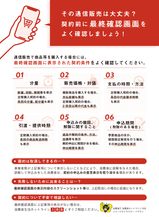 「その通信販売は大丈夫？最終確認画面を契約前によく確認しましょう！」と書かれたチラシの画像。