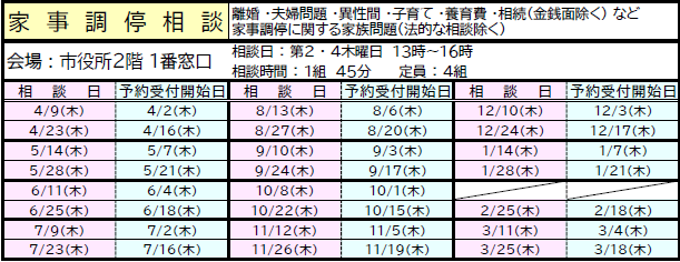 令和8年度家事調停相談日程、受付開始日