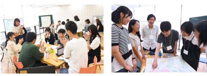 当日の会議の様子、意見を出し合い、拍手している様子、参加者が模造紙に貼った付箋を示しながら説明する様子。