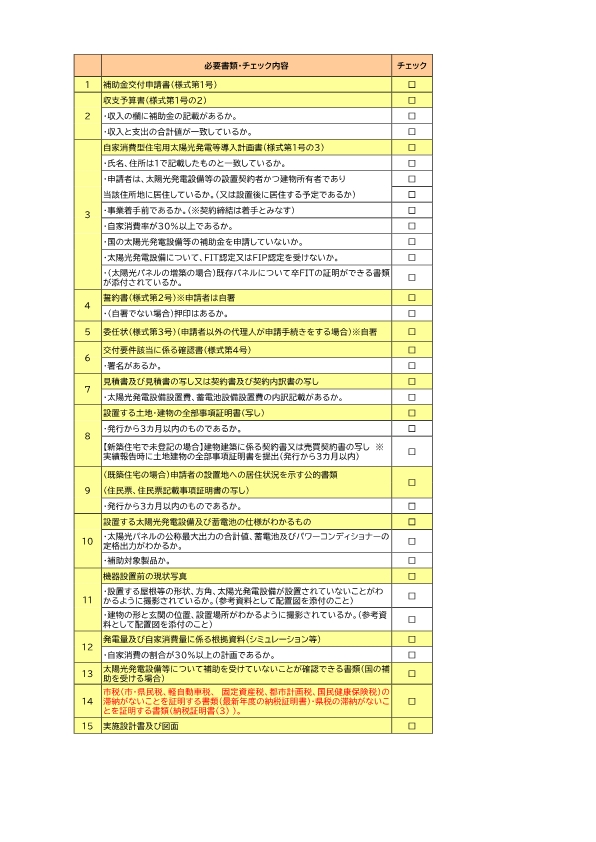 交付申請時のチェック表です。