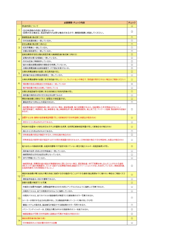 実績報告時のチェック表です。