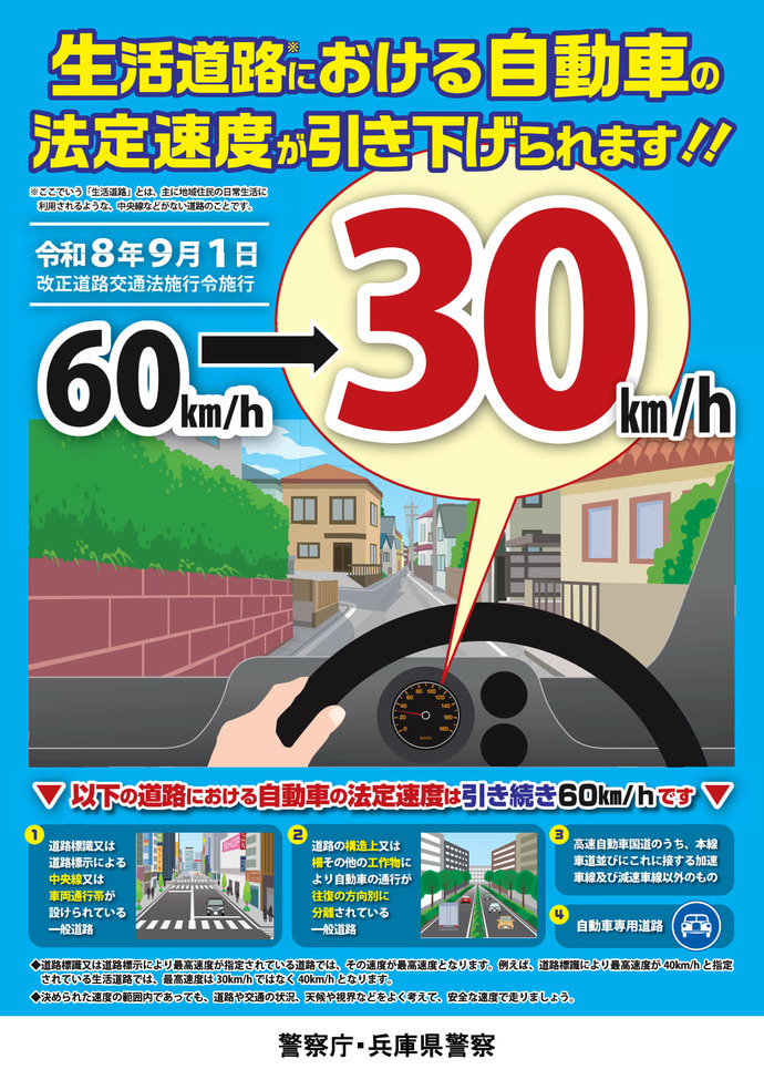 生活道路における自動車の法定速度が60km/hから30km/hに引き下げる旨のチラシ画像